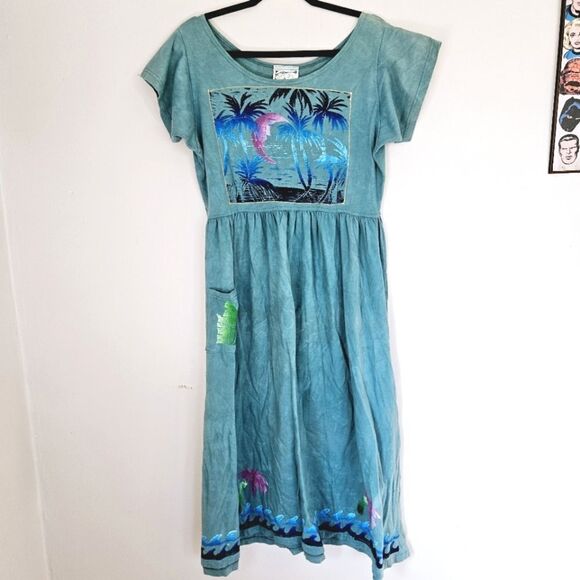 Vintage Banana Boat Hand Painted Tropical Cotton Short Sleeve Midi Dress M - Picture 1 of 8